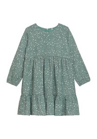 Grünes langärmeliges Kleid mit rundem Halsauschnitt, gestuften Rüschensaum und kleinem weißen Blumenmuster auf einem strukturierten Stoff.