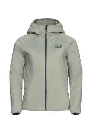 Lichtgrijze zip-up jack met een capuchon, met een soepele textuur en zijzakken. Het logo is in donkergrijs op de borst gedrukt.