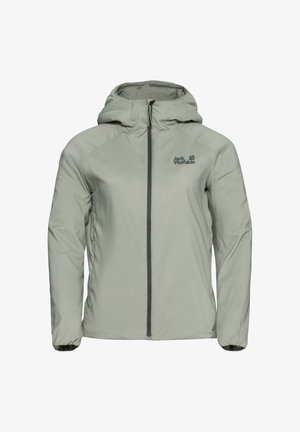 Lichtgrijze zip-up jack met een capuchon, met een soepele textuur en zijzakken. Het logo is in donkergrijs op de borst gedrukt.