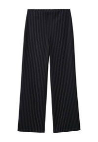 Zwarte wijde pijpen broek met krijtstreep, een gladde textuur en een hoge tailleband. De stof heeft een subtiele glans en valt losjes.