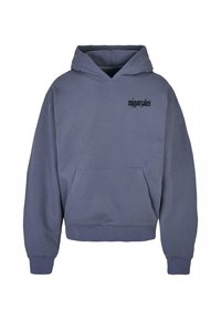 Hooded sweatshirt in soft, cotton-blend fabric. Features a loose fit, kangaroo pocket, and black "migourzales" text on the chest. Color: slate blue.