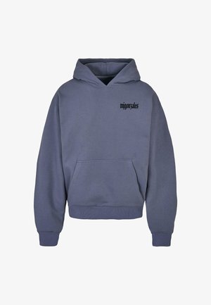 Hooded sweatshirt iz mehkega, bombažnega blaga. Ima ohlapen kroj, kenguru žep in črn napis "migourzales" na prsih. Barva: siva modra.