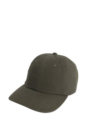 Olive green cotton baseball cap with a curved brim, embroidered logo on the front, and ventilation eyelets on the sides.