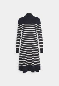 Tummansini sininen pitkähihainen neulemekko, jossa on valkoisia vaakasuoria raitoja, korkea kaula-aukko ja hieman levenevä hame.