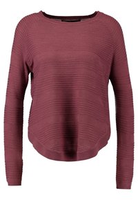 Burgunderfarbener Strickpullover mit Rundhalsausschnitt, langen Ärmeln und horizontaler Rippenstruktur. Leicht abgerundeter Saum am unteren Ende.
