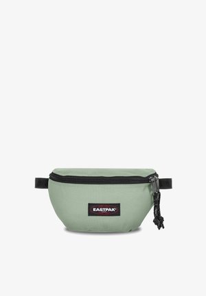 Grüne Stoff-Gürteltasche mit schwarzem Reißverschluss und Eastpak-Logo, mit glatter Textur und kompaktem ovalen Design. Akzentuiert mit einem schwarzen Gurt.