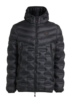 Chaqueta de plumas negra con capucha, con secciones acolchadas, cremallera frontal y bolsillos laterales. Incluye un parche con el logo en el pecho.