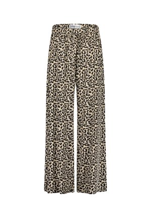 Pantaloni a gamba larga con stampa leopardata e coulisse in vita. Realizzati in tessuto morbido, con sfondo beige e macchie nere.