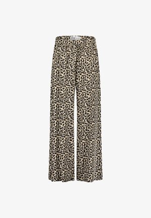 Weit geschnittene Hose mit Leopardenmuster und Kordelzug am Bund. Hergestellt aus weichem Stoff, mit beigem Hintergrund und schwarzen Flecken.