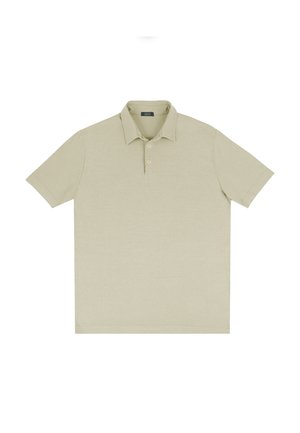 Polo shirt di un beige chiaro, maniche corte, con pattina a tre bottoni, colletto, tessuto misto cotone, superficie liscia, design semplice, senza motivi.