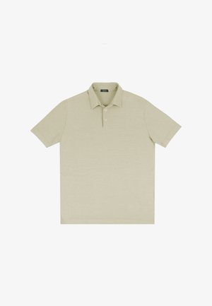 Lichtbeige poloshirt, korte mouwen, drie knoopsluitingen, kraag, katoenmix stof, soepele textuur, eenvoudig ontwerp, geen patronen.