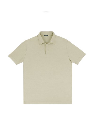 Jasno beżowa koszulka polo, krótki rękaw, zapięcie na trzy guziki, kołnierzyk, mieszanka bawełny, gładka faktura, prosty design, bez wzorów.
