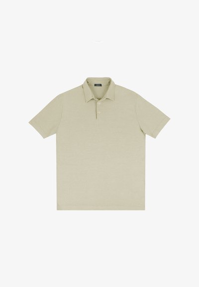 Jasno beżowa koszulka polo, krótki rękaw, zapięcie na trzy guziki, kołnierzyk, mieszanka bawełny, gładka faktura, prosty design, bez wzorów.