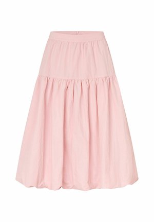 Hele roosa, põlveni ulatuv kergelt kogutud seelik, millel on lai vöökoht ja pehme, volüümikas kangas, mis loob õhulise silueti.