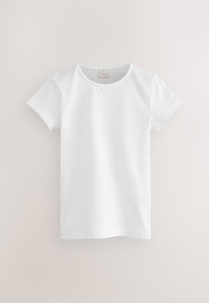 Korte witte t-shirt met korte mouwen, weergegeven tegen een lichte achtergrond. Het heeft een eenvoudig, schoon ontwerp met een ronde halslijn.