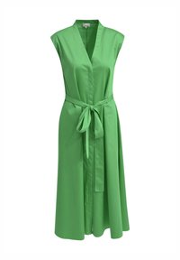 Grünes, ärmelloses Kleid mit V-Ausschnitt, Bindegürtel und fließendem Rock. Hergestellt aus glattem Stoff, mit knielangem Schnitt und einfachem Design.