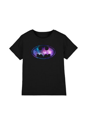 Black short-sleeve t-shirt with a colorful galaxy-themed Batman logo centered on the chest.