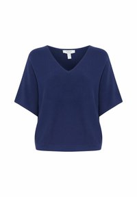 Námořnický modrý top s V výstřihem a krátkými širokými rukávy. Vyrobený z měkké látky s volným střihem. Bezšvový design bez viditelných knoflíků nebo ozdob.
