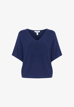 Navy blue V-neck top with short, wide sleeves. Made from soft fabric with a relaxed fit. Seamless design with no visible buttons or embellishments.