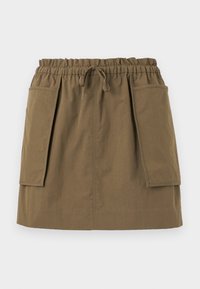 Olivengrønn, knelang skjørt med elastisk midje, snøring og to store sidelommer. Laget av lett stoff med synlige sømmer.