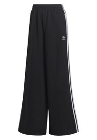 Sorte brede sweatpants med elastisk talje og to hvide side striber. Har et lille Adidas-logo på venstre overben.