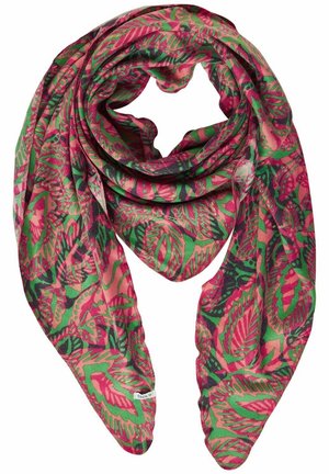 Pink-grüner Schal mit Blättermuster, leichter Stoff, dreieckig gefaltet mit kleinem Markenetikett.