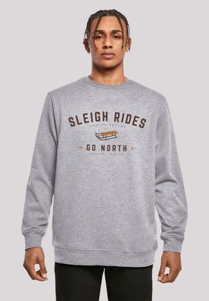 Gray sweatshirt made of soft fabric, featuring a printed graphic in brown reading "SLEIGH RIDES FROSTY SEASON GO NORTH" and a sled design.