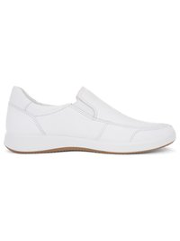 White slip-on casual shoe with stitched detailing, elastic side panels, and a light brown rubber sole, shown in a side profile view.