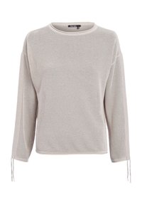 Light beige loose-knit sweater, featuring a round neckline, long sleeves with drawstring accents, and a textured pattern throughout.