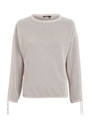 Hellbeige, locker gestrickter Pullover mit Rundhalsausschnitt, langen Ärmeln mit Kordelzügen und einem strukturierten Muster throughout.