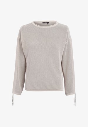 Light beige loose-knit sweater, featuring a round neckline, long sleeves with drawstring accents, and a textured pattern throughout.