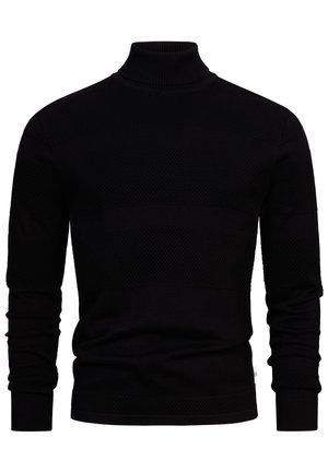 Fekete garbó pulóver, amely texturált mintával, vízszintes csíkokkal, bordás mandzsettákkal és testhezálló fazonnal rendelkezik. Puha anyagból készült.