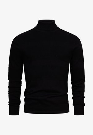 Fekete garbó pulóver, amely texturált mintával, vízszintes csíkokkal, bordás mandzsettákkal és testhezálló fazonnal rendelkezik. Puha anyagból készült.