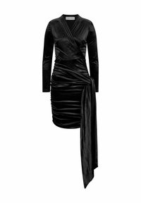 Schwarzes Samt-Wickelkleid mit langen Ärmeln, geraffter Textur und asymmetrischem Saum, der mit einer fließenden Seitenbindemöglichkeit versehen ist. Elegantes und tailliertes Design.