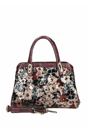 Handtasche mit dunkelroten Ledergriffen und Besätzen, bedeckt mit schwarzen, weißen und rosa floralen Pailletten, mit abnehmbarem, passendem Schulterriemen.