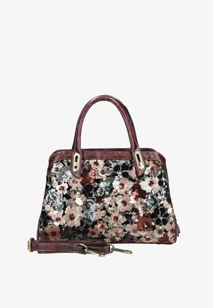 Handtasche mit dunkelroten Ledergriffen und Besätzen, bedeckt mit schwarzen, weißen und rosa floralen Pailletten, mit abnehmbarem, passendem Schulterriemen.