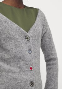 Šedý vlněný kardigan s hlubokým V výstřihem a čtyřmi dekorativními knoflíky: jeden stříbrný s zeleným akcentem, jeden červený a dva modré. Pod ním je zelený top.