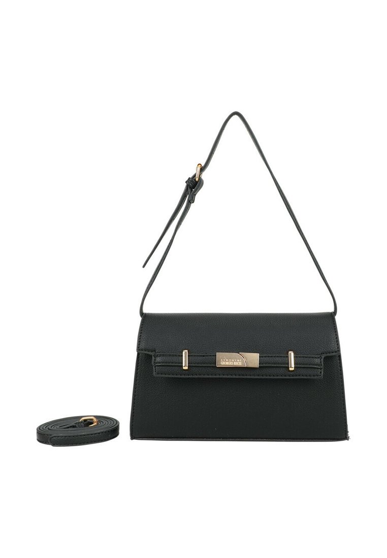 Sac à main en cuir noir avec un design structuré, des accents en métal doré et une bandoulière amovible. Texture lisse, forme rectangulaire.