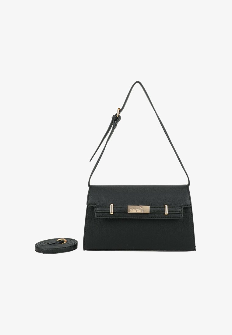 Sac à main en cuir noir avec un design structuré, des accents en métal doré et une bandoulière amovible. Texture lisse, forme rectangulaire.