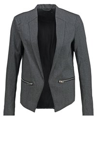 Blazer grigio con finitura testurizzata, chiusura con un bottone e interno nero. Presenta due tasche frontali con zip.
