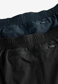 Shorts atletici negri și bleumarin cu talie elastică și buzunare cu fermoar, având un material texturat neted și un design stratificat.