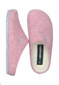 Pink felt slippers with soft inner lining, rounded shape, white sole, and embroidered spiral detail on the side. Size label visible.