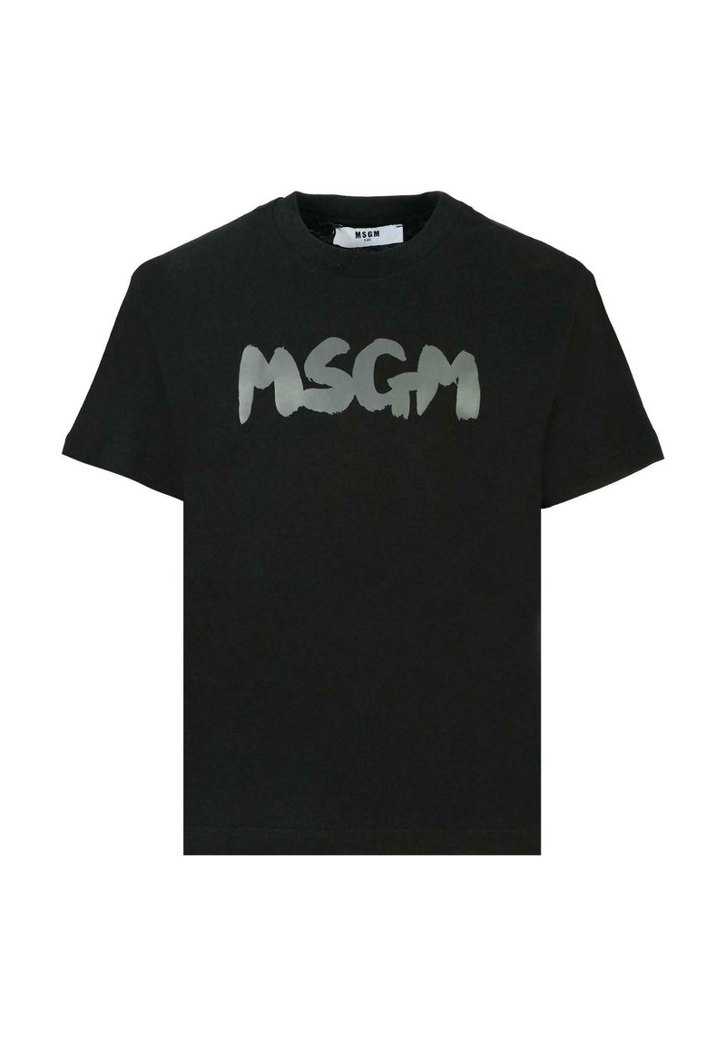 Zwarte katoenen T-shirt met een groot, gradient 'MSGM' logo over de borst in wit en grijs. Ronde hals en korte mouwen.
