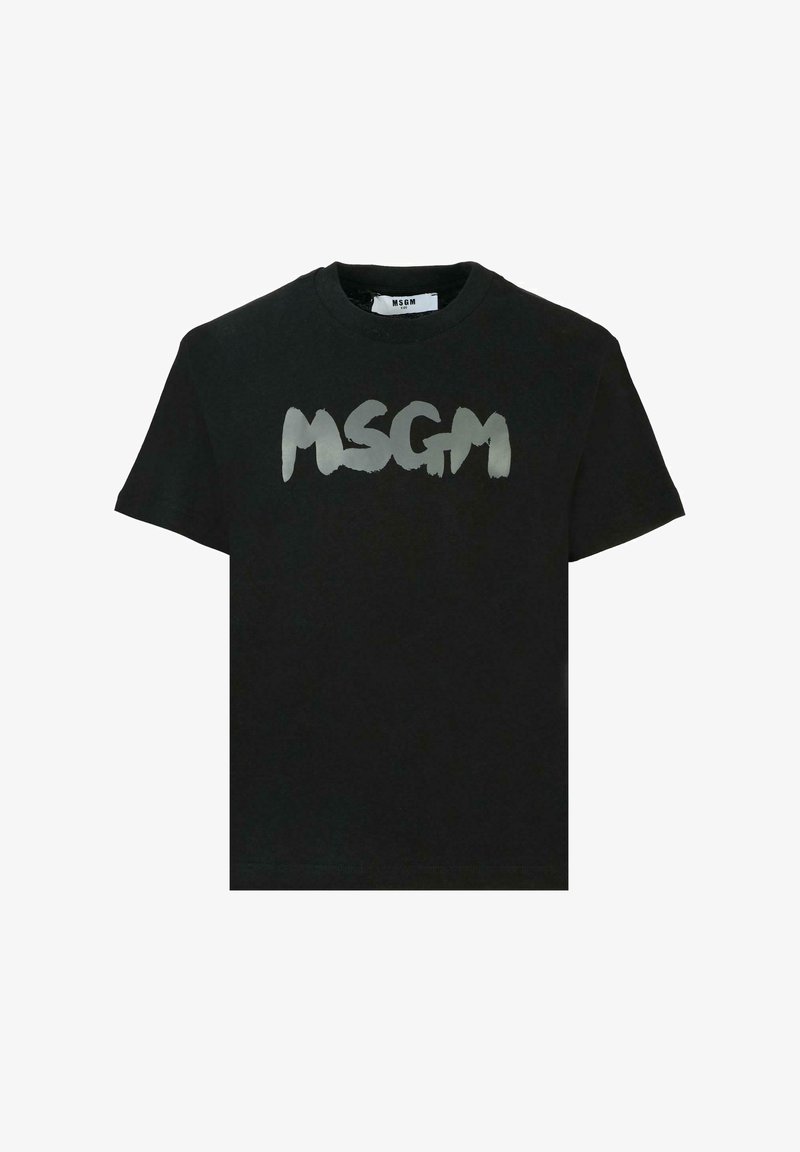 Zwarte katoenen T-shirt met een groot, gradient 'MSGM' logo over de borst in wit en grijs. Ronde hals en korte mouwen.