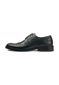 Black leather dress shoe featuring brogue detailing, lace-up design, rounded toe, and a flat rubber sole. Smooth texture with polished finish.