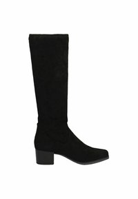 Black knee-high boots made of suede with a square toe, low block heel, and smooth texture. Features subtle stitching accents.