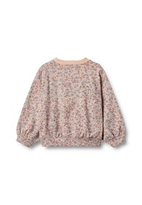 Blumenmuster-Jacke in Hellrosa und Creme, mit gerafften langen Ärmeln, gerippten Bündchen und rundem Ausschnitt. Weicher Stoff.