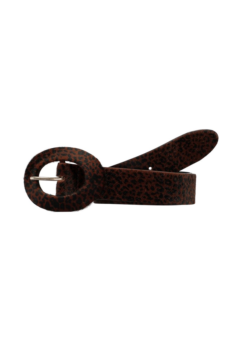 Cinturón de imitación de piel con estampado de leopardo en marrón y negro, con una hebilla redonda y un acabado suave. Presenta múltiples agujeros de ajuste a lo largo de la correa.