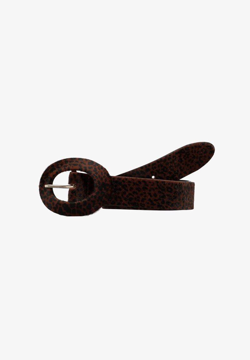 Cinturón de imitación de piel con estampado de leopardo en marrón y negro, con una hebilla redonda y un acabado suave. Presenta múltiples agujeros de ajuste a lo largo de la correa.
