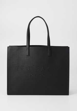Bolsa tote rectangular negra con dos asas y el logo "Ted Baker London" en relieve en el frente.
